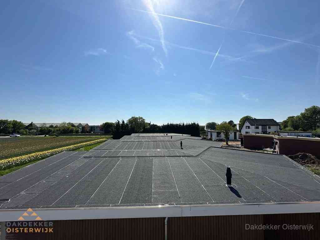 Groot plat dak met bitumen dakbedekking op bedrijfspand in Oisterwijk
